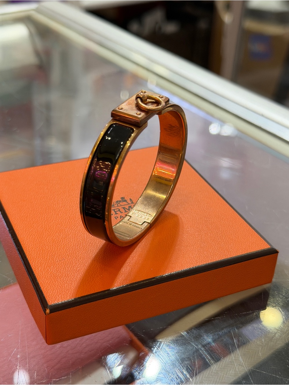 Hermes Black Enamel and Gold Tone Bracelet